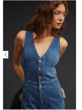 ANTHROPOLOGIE Pilcro Buttondown 98% Cotton Denim Flare Jumpsuit Sz 8